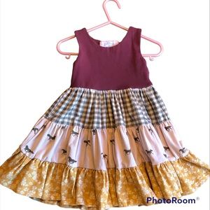 Girl’s Sweethoney sleeveless Flair Dress burgundy floral horse print 2T